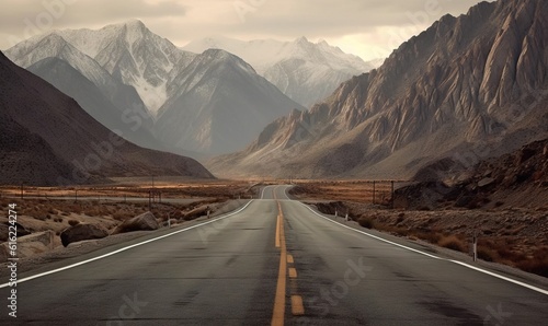  an empty road in the middle of a desert with mountains in the background and a fence in the foreground with snow capped mountains in the distance. generative ai