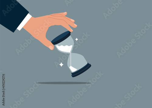 Hand human  trying to stop sandglass before it fall. Project deadline, running out of time or time management. Flat vector illustration
