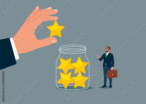 Businessman collect five star rating into Glass Jar. Flat vector illustration 