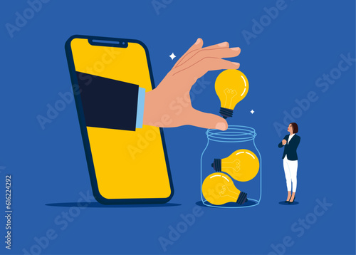 Business team collect lightbulb idea into Glass Jar through the online with help smartphone. Flat vector illustration 