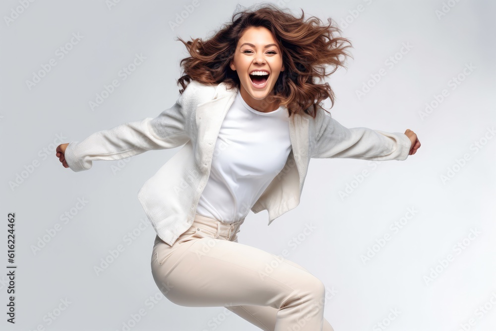 Full length portrait of a happy woman in white jacket jumping over gray ...