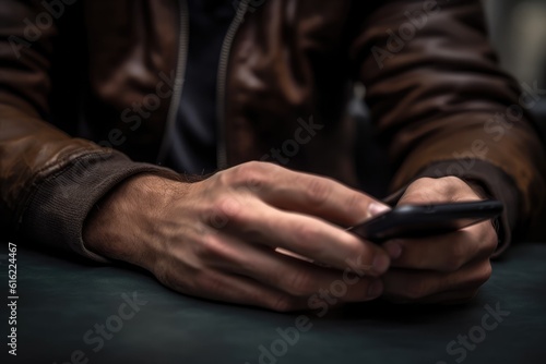 Man using mobile smart phone. Closeup of adult male hand using mobile phone  Young man texting on smartphone. generative AI