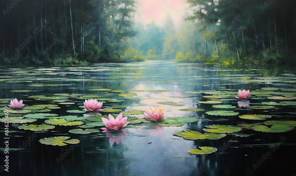  a painting of water lilies in a pond with trees in the background and a sky background with clouds and sun shining on the water.  generative ai