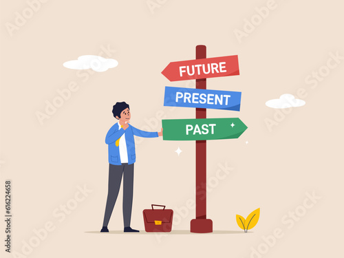 Businessman and a signpost arrows showing three different options, past, present and future course, Choose journey direction. Modern flat vector illustration.