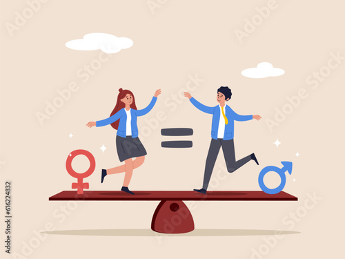 Gender equality concept. Male and female with symbol on the scales feeling equal discrimination. Modern flat vector illustration in cartoon style.