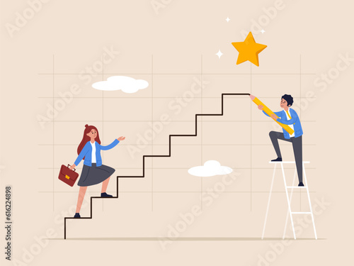 Teamwork ambition, progress and achieve goal, growing business or improvement, motivation to develop path or stair to success, smart businessman using pencil to draw stair climb up to success.