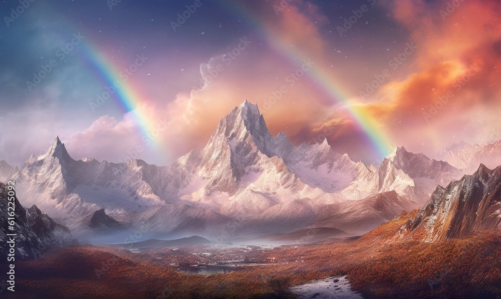  a painting of a mountain range with a rainbow in the sky and a river running through the foreground, and a rainbow in the distance.  generative ai