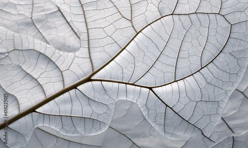  a close up of a leaf's vein with water droplets on it's surface and a light brown stem in the center of the leaf. generative ai