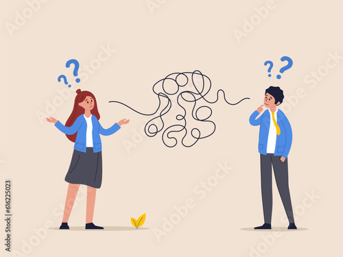 Bad communication concept. Misunderstanding create confusion in work, miscommunicate unclear message and information, businessman talking through messy chaos, tangled phone line make other confused. photo