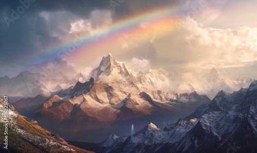  a rainbow over a mountain range with a rainbow in the middle of the sky and a rainbow in the middle of the mountain, with a rainbow in the middle of the sky. generative ai
