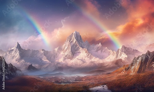  a painting of a mountain range with a rainbow in the sky and a river running through the foreground, and a rainbow in the distance. generative ai