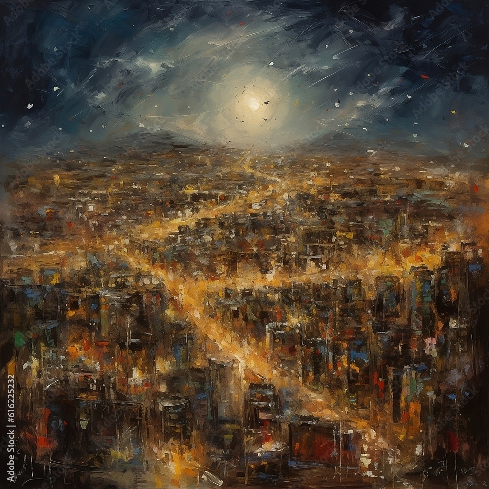 Expressive oil painting of night city, yellow sky with oil paint stars and moon, night scene with romantic sky, generative AI Expressive oil painting of night city, yellow sky with oil paint stars and moon, night scene with romantic sky, generative AI
