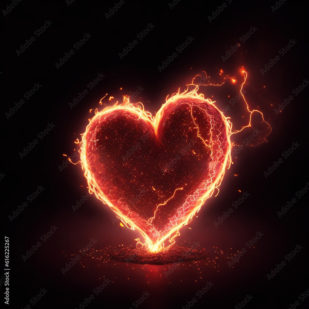A burning heart made of fire is lit up with flame