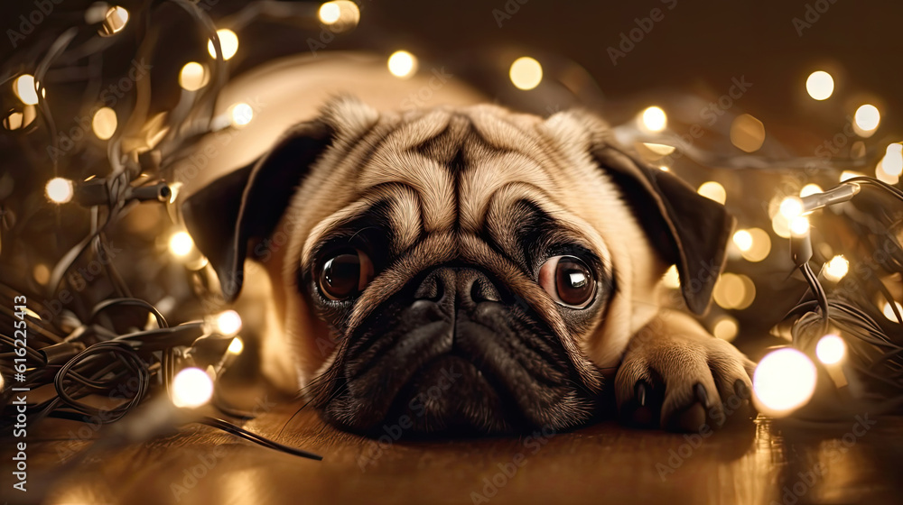 Closeup portrait of cute pug tangled in holiday garland on the wooden floor