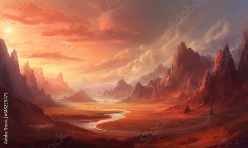  a painting of a landscape with mountains and a river in the middle of the landscape, with a sunset in the background and a red sky. generative ai
