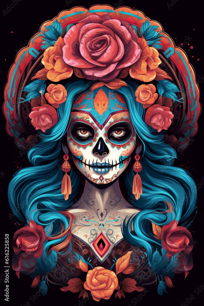 Fototapeta premium La Catrina dia de muertos Figur mit Maske / Make-up. Dekoriert mit Blumen. Tag der Toten in Mexico. Hochkant. Hochformat. Generative Ai.