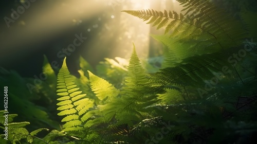 Lush wild beautiful green fern leaves deep in the forest in the morning. Generative AI technology.
