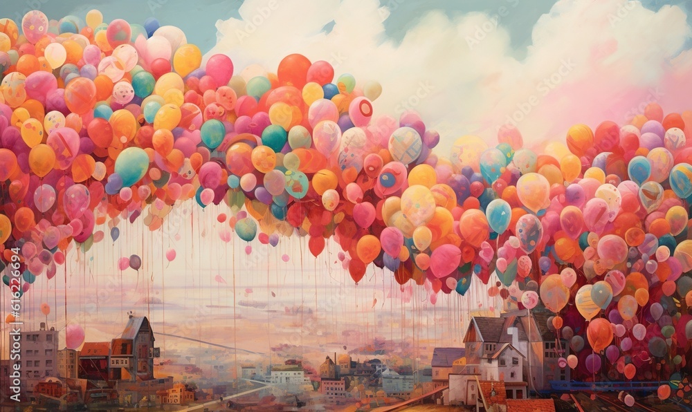  a painting of a city with lots of balloons floating in the air over a city with houses and a sky line in the background with clouds.  generative ai