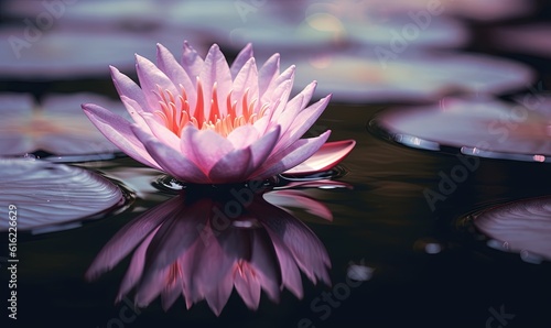  a pink water lily floating on top of a pond of water with lily pads surrounding it and a reflection of the water in the water. generative ai