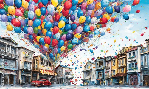  a painting of a bunch of balloons floating in the air over a street with a red car parked on the side of the road in front of the street. generative ai