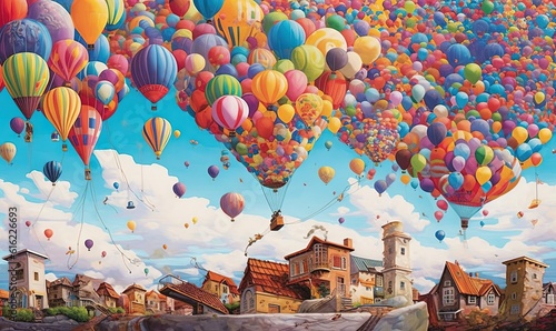  a painting of many balloons flying over a town with a castle in the background and a blue sky with clouds above it and a few buildings below. generative ai