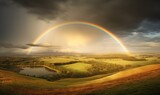  a rainbow appears over a green landscape with a lake and a rainbow in the sky with clouds in the background and a rainbow in the middle of the sky.  generative ai