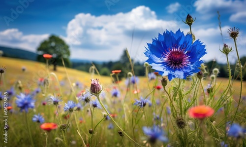  a field full of blue and red flowers under a blue sky with clouds in the background and a field of red and blue flowers in the foreground. generative ai
