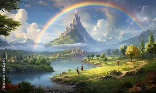  a painting of a rainbow and a castle in the sky above a river and a forest with a rainbow in the sky and a rainbow in the sky. generative ai