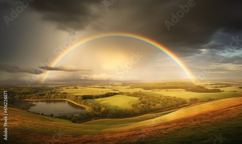  a rainbow appears over a green landscape with a lake and a rainbow in the sky with clouds in the background and a rainbow in the middle of the sky. generative ai