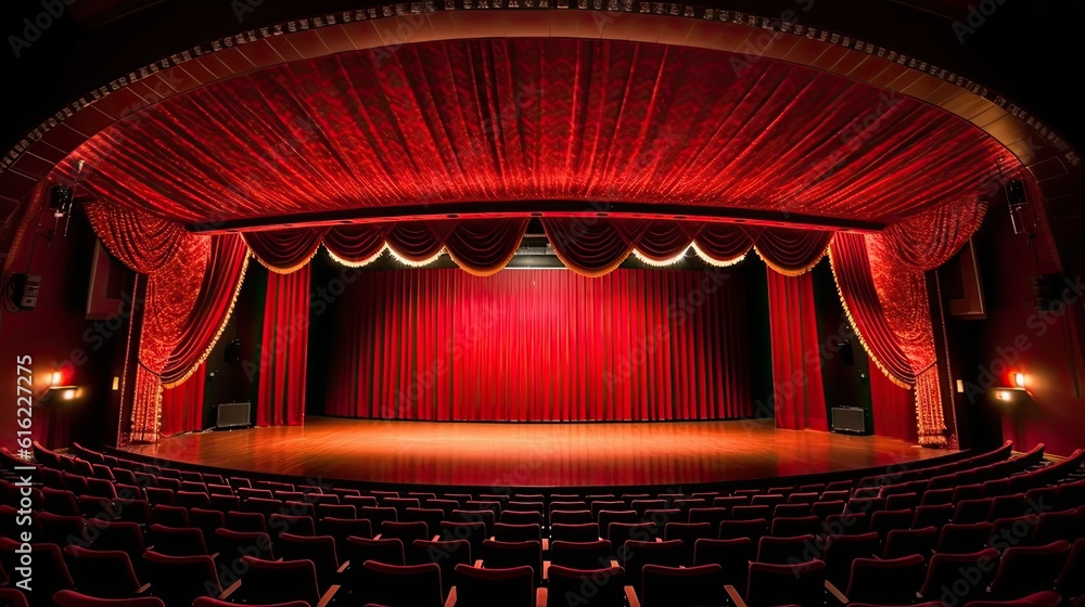 Photo of a classic theater stage with red curtains and wooden floorboards