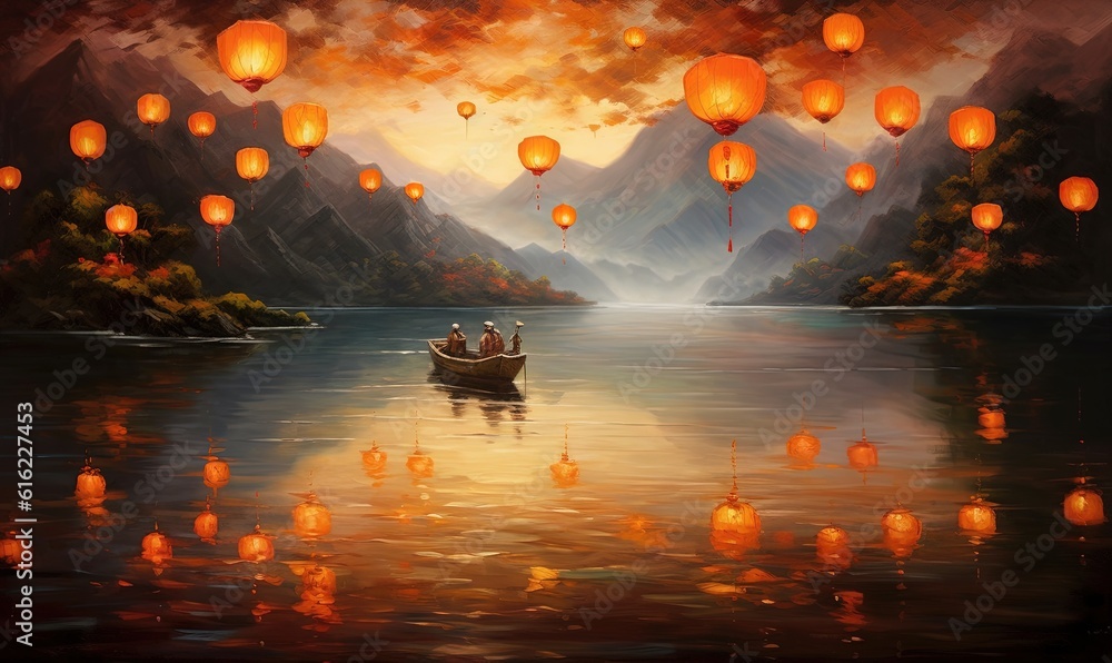  a painting of a boat with lanterns floating in the air over a lake with mountains in the background and a sky filled with clouds above.  generative ai