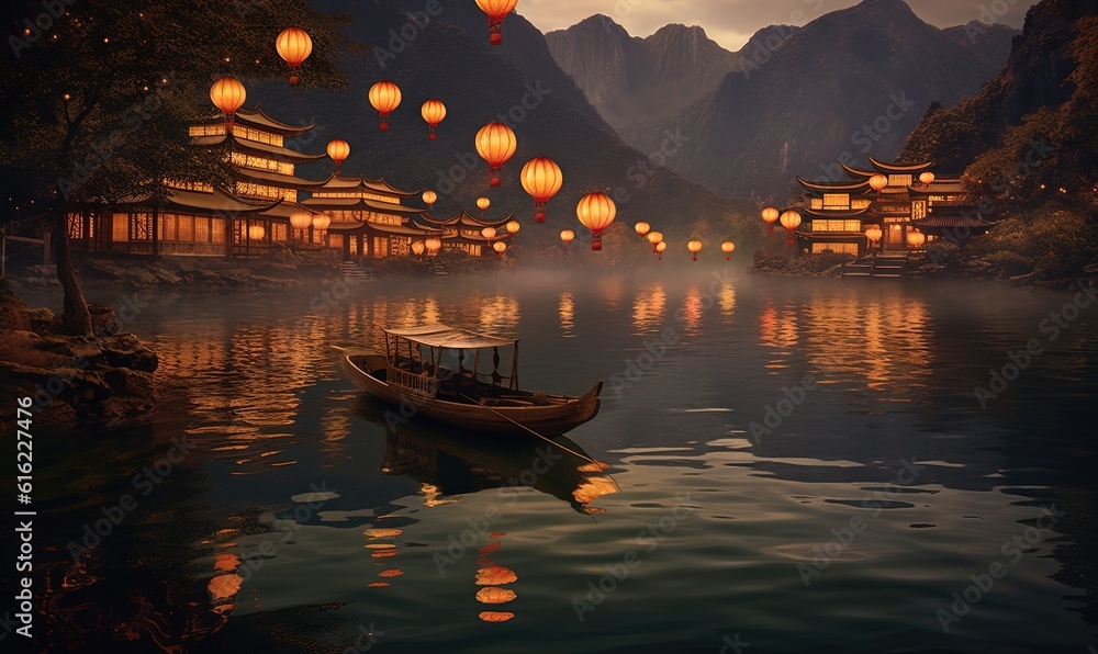  a boat floating on top of a lake surrounded by lanterns in the sky above a lake filled with water and floating lanterns in the air.  generative ai