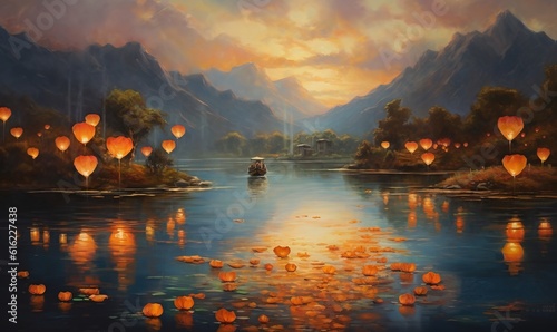  a painting of a river with floating lanterns in the sky and a boat in the water with a mountain range in the background at sunset.  generative ai © Anna