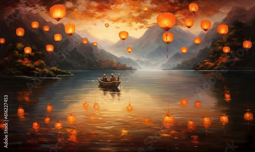  a painting of a boat with lanterns floating in the air over a lake with mountains in the background and a sky filled with clouds above.  generative ai