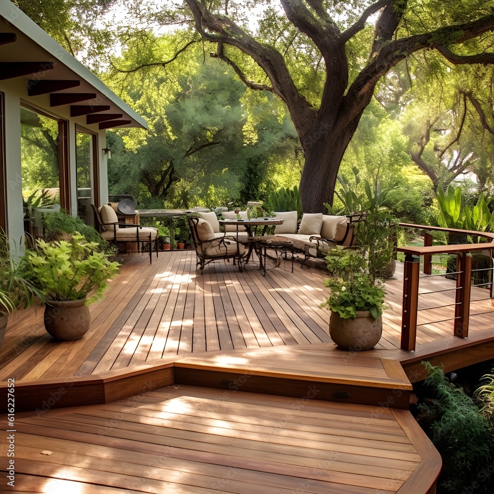 wooden bench in a garden. luxury wood patio and deck. outdoor living space - generative AI