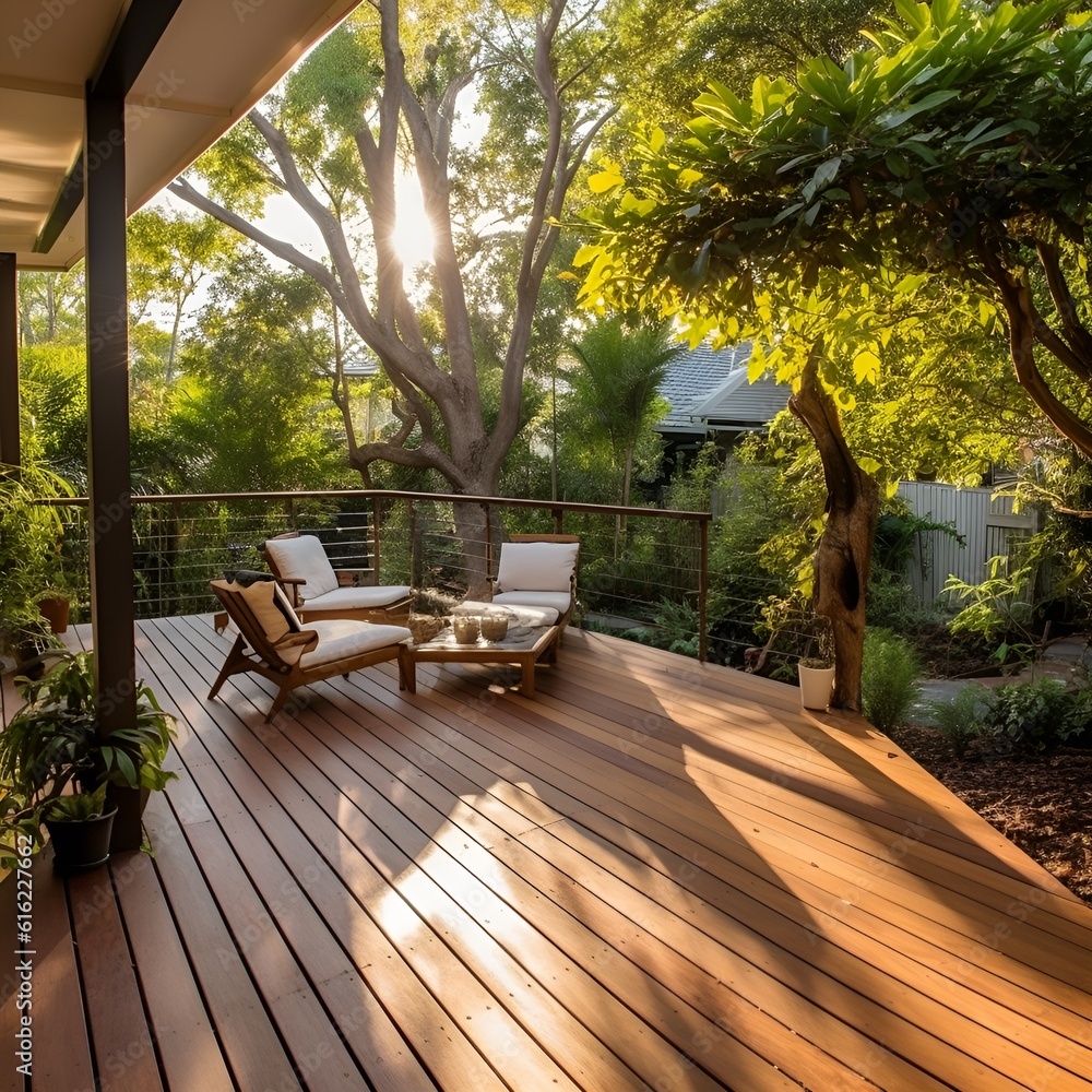 wooden bench in a garden. luxury wood patio and deck. outdoor living space - generative AI