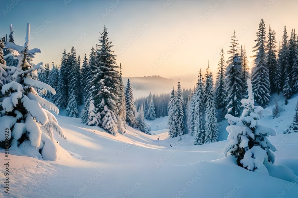 Obraz premium snow covered trees generated AI.