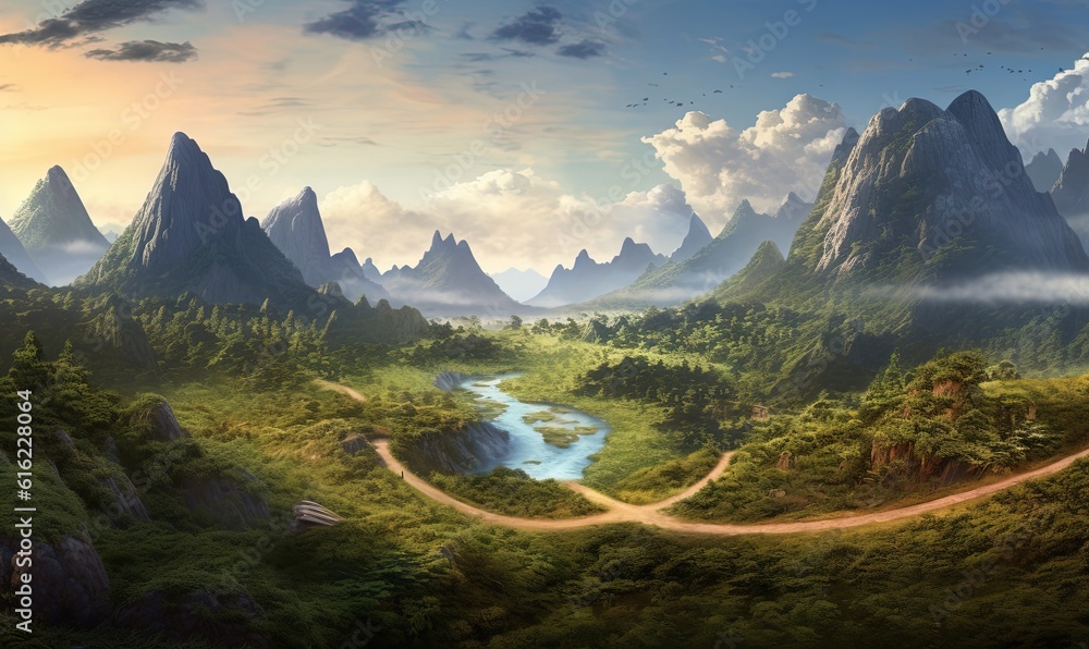  a painting of a mountain landscape with a river and a winding road in the middle of the picture, with a bird flying over the top of the mountain.  generative ai