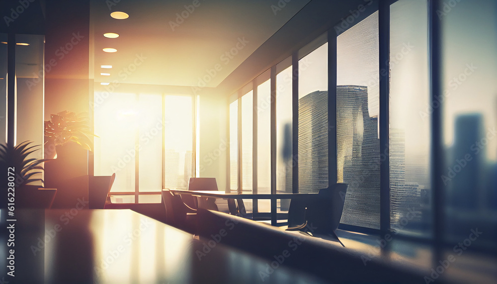 Fototapeta premium Beautifully Blurred Background of a Light Modern Office Interior with Panoramic Windows and Beautiful Lighting