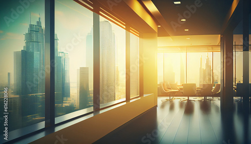 Beautifully Blurred Background of a Light Modern Office Interior with Panoramic Windows and Beautiful Lighting