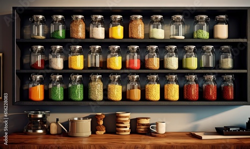  a shelf filled with jars filled with different types of spices and seasonings on top of a wooden counter top next to a framed picture. generative ai