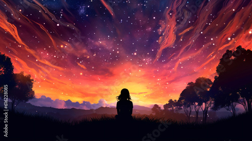 Fantasy Sky View: Silhouette of a Girl Mesmerized by Vibrant Sunset, Captured by Generative AI Artistry