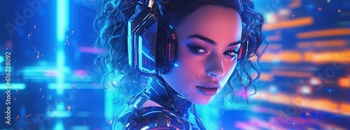 Illustration of a cyborg woman and Ai technology background , AI Generated