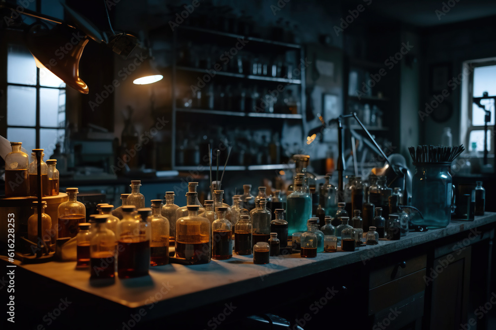 A bunch of bottles sitting on a counter in a room. AI generative hunted pharmacy, Halloween display.