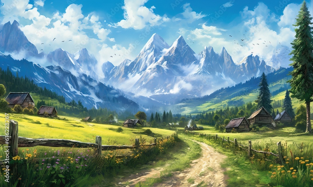  a painting of a mountain landscape with a dirt road leading to a cabin in the foreground and a field with wildflowers in the foreground.  generative ai