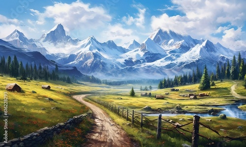 a painting of a mountain landscape with a dirt road leading to a lake and a mountain range in the distance, with a fenced in the foreground. generative ai