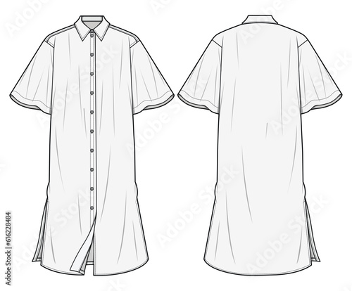 Butterfly Sleeve collared button down side slit shirt dress Front and Back View. Fashion Flat Sketch Vector Illustration, CAD, Technical Drawing, Flat Drawing, Template, Mockup.