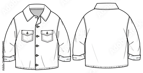 Kids Denim Jacket, Kids Button Down Jackets Front and Back View. Fashion Flat Sketch Vector Illustration, CAD, Technical Drawing, Flat Drawing, Template, Mockup.