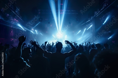Crowd of people dancing at a nightclub concert. ai generative art.