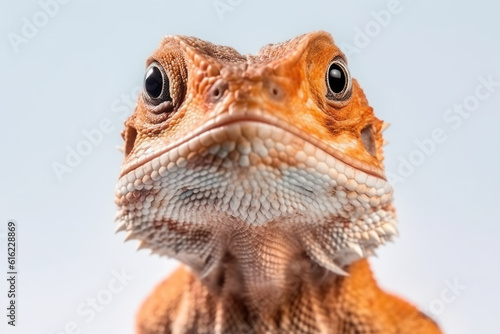 A close up of a lizard s face on a blue background. Generative AI.
